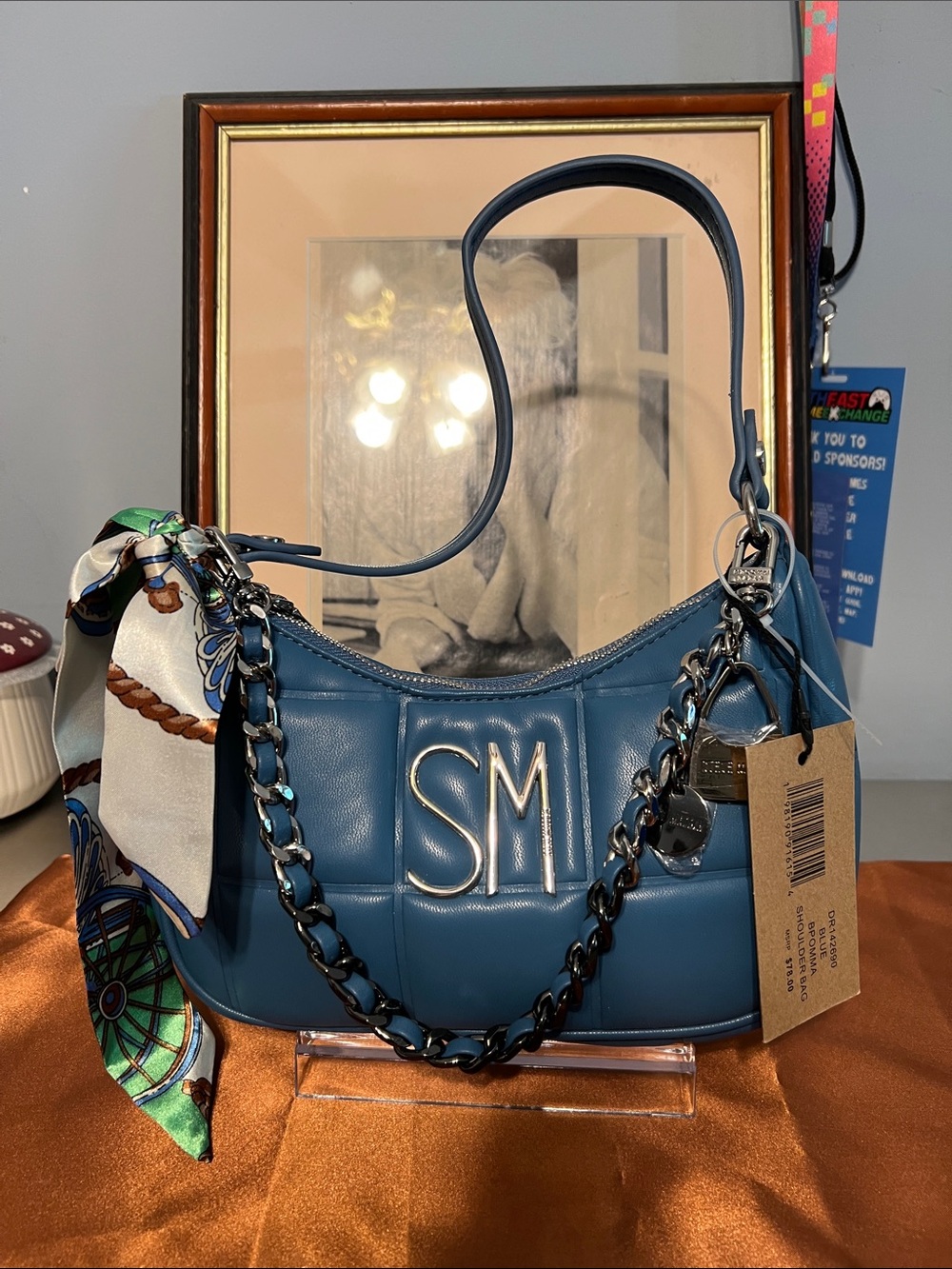 Steve Madden blue Quilted Shoulder Bag with Chain and Scarf - Picture 2 of 8